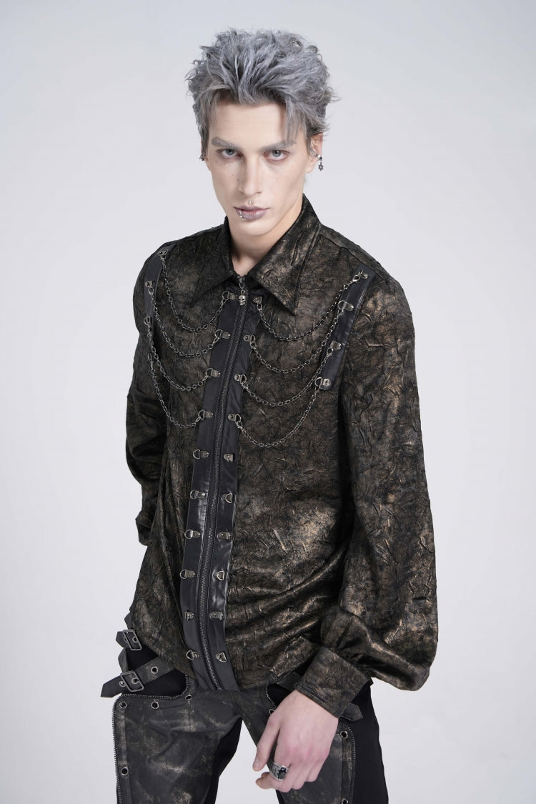 Black Lapel Collar Long Puff Sleeves Faux Leather Stitching Gothic Blouse With Chain