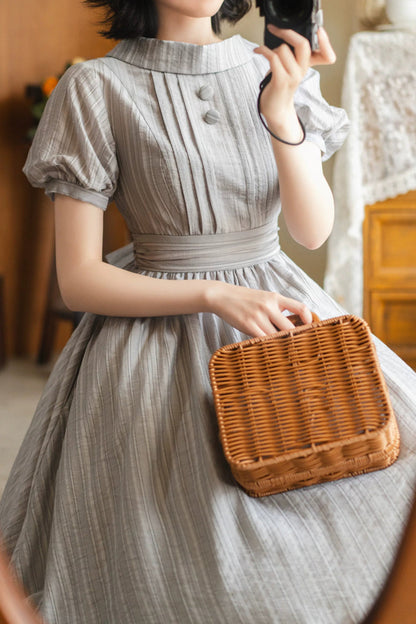 Grey [forest Gallery] High Collar Short Lantern Sleeves Pastoral Style Classic Lolita Dress