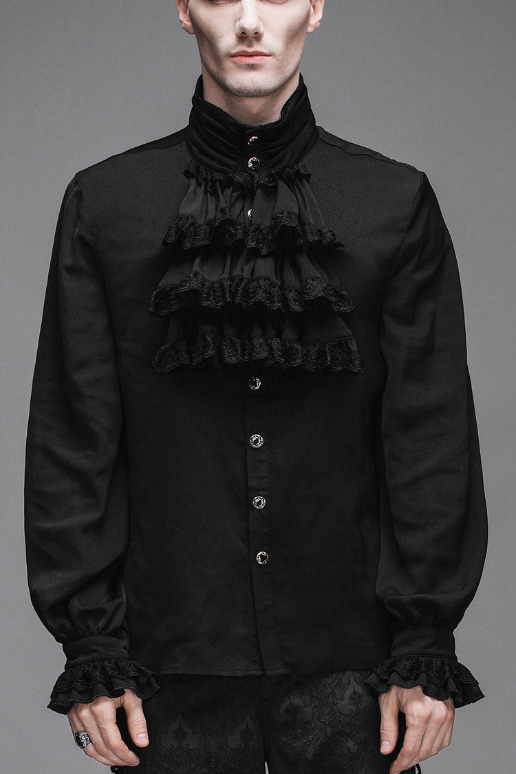 Black Ruffled Lace Button-up Micro-bullet Chiffon Long Sleeve Gothic Shirt