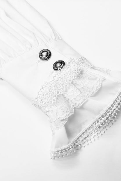 White Stand Collar Lantern Sleeves Slim Gothic Blouse