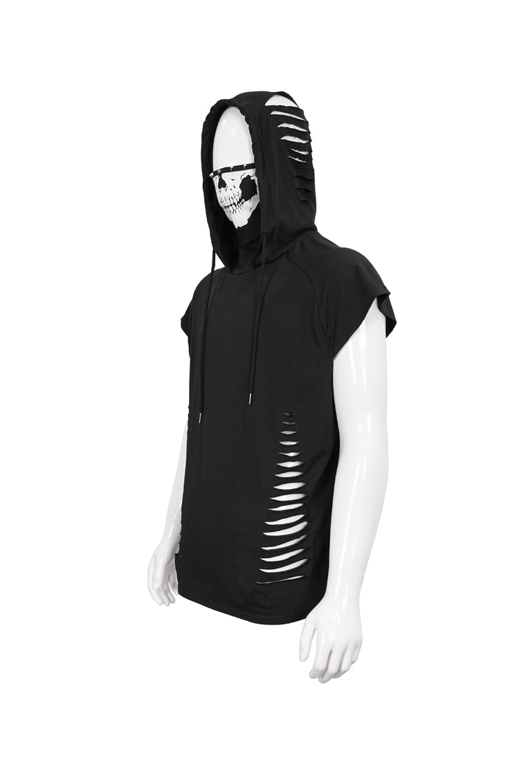 Black Skull Print Super High Neck Masked Rivet Hole Hooded Short Sleeve Punk T-shirt