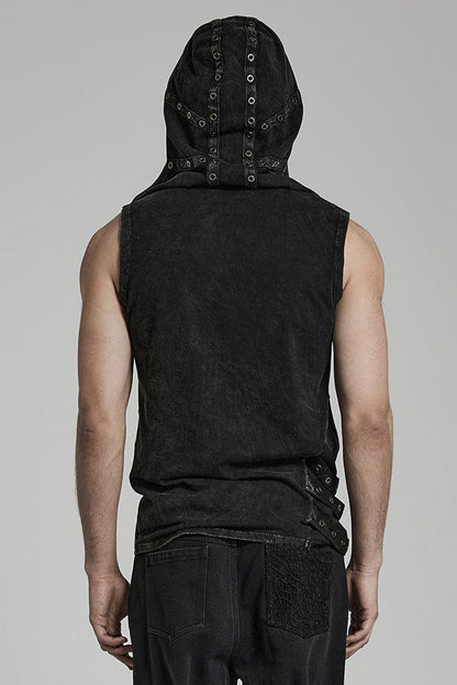 Black Sleeveless Irregular Hooded Punk Tank Top
