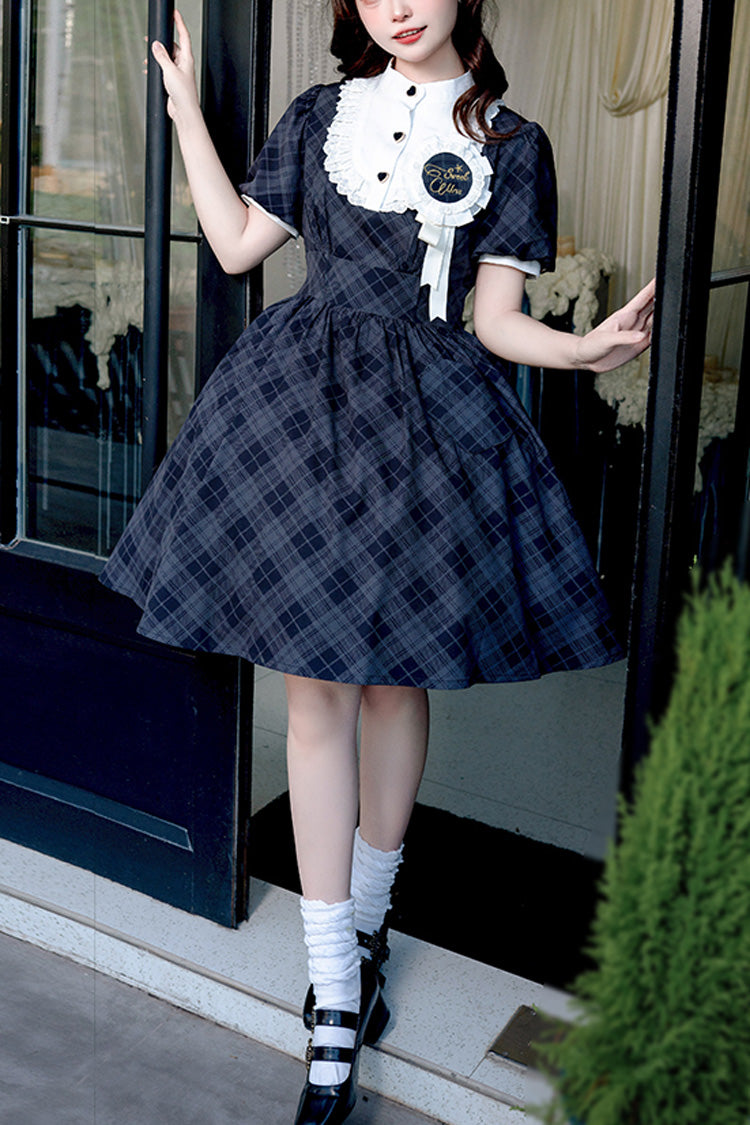 Showa Summer Plaid Print Daily Short Sleeves Classic Princess Lolita Dress 2 Colors