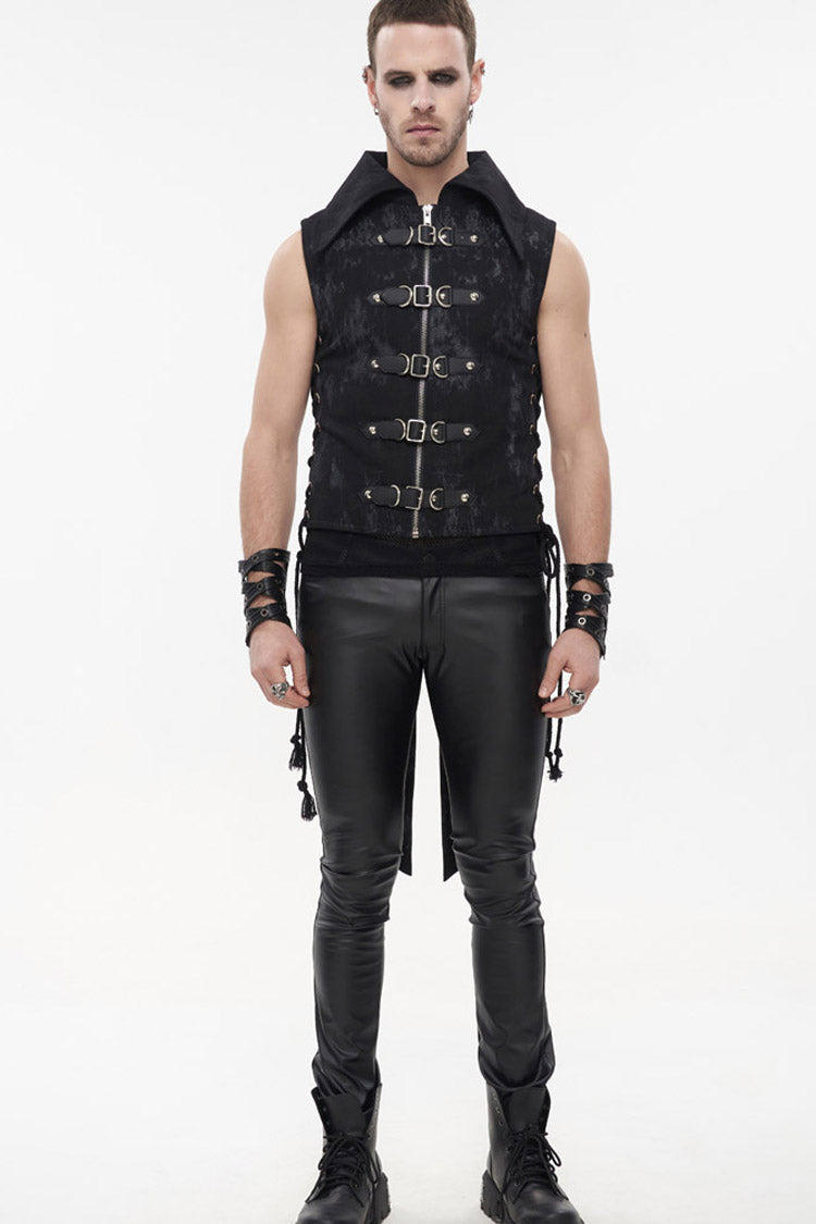 Black Punk Irregular Print D-shaped Buckle Decoration Waist Side Slits Tied Rope Tight Zipper Dovetail Vest