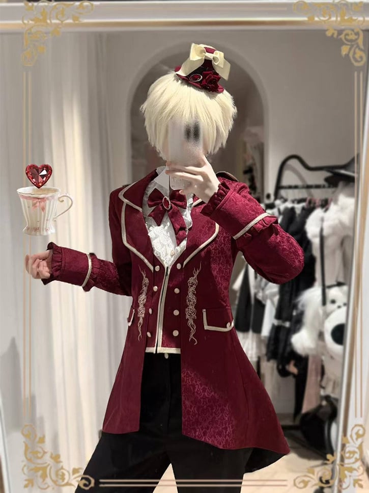 [pre-order Deadline: May 8] Black/red Gothic Prince Series Mini Hat + Jewel Ribbon Brooch
