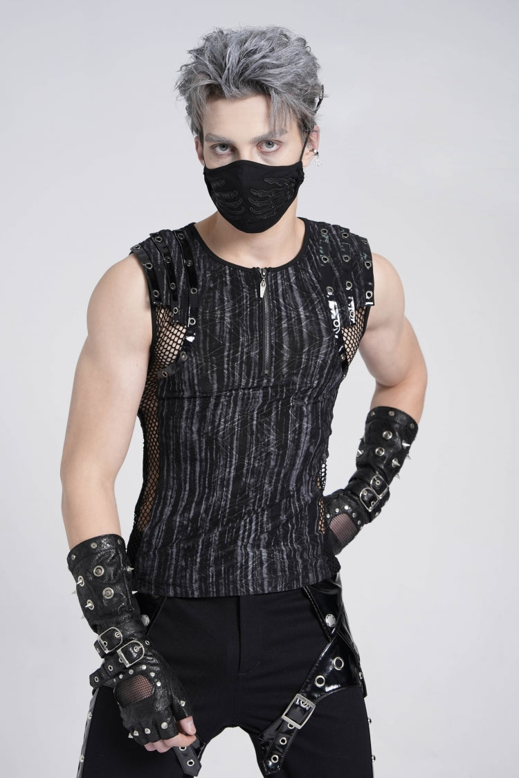 Black Sleeveless Ribbed Print Stitching Mesh Zipper Gothic Vest