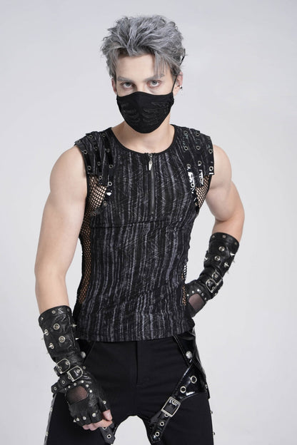 Black Sleeveless Ribbed Print Stitching Mesh Zipper Gothic Vest
