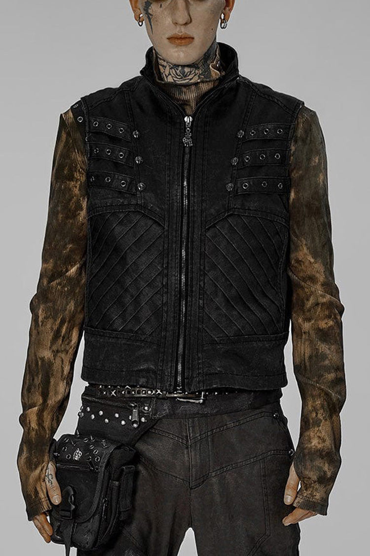 Black Punk Apocalyptic Stand Collar Twill Metal Skull Zip Vest