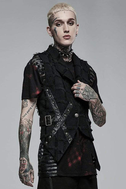 Black Gothic Asymmetrical Decadence Hairy Flu Back Cutout Design Leather Strip Metal Rivets Vest
