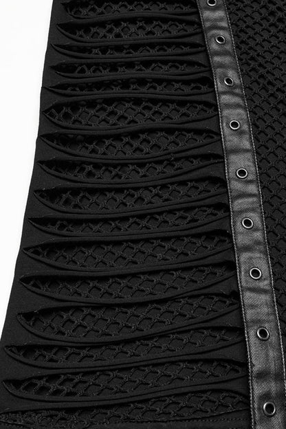Black Round Collar Sleeveless Stitching Mesh Buckle Punk Vest