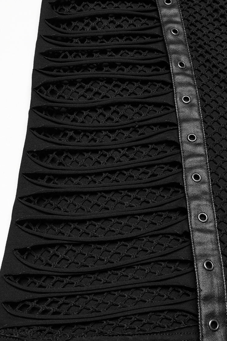 Black Round Collar Sleeveless Stitching Mesh Buckle Punk Vest