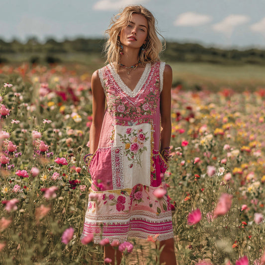 Women's Embroidered Rose Patchwork Midi Dress elevenforest