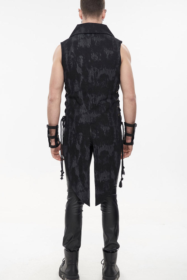 Black Punk Irregular Print D-shaped Buckle Decoration Waist Side Slits Tied Rope Tight Zipper Dovetail Vest