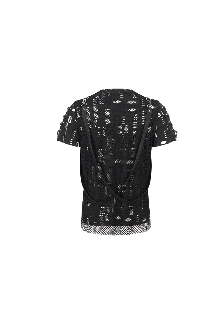 Black Half Hollow Shoulder Tie Design Punk T-shirt