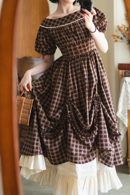 Dark Red [forest Picnic] Boat Neck Short Sleeves Printed Lift-hem Ruffled Classic Lolita Dress