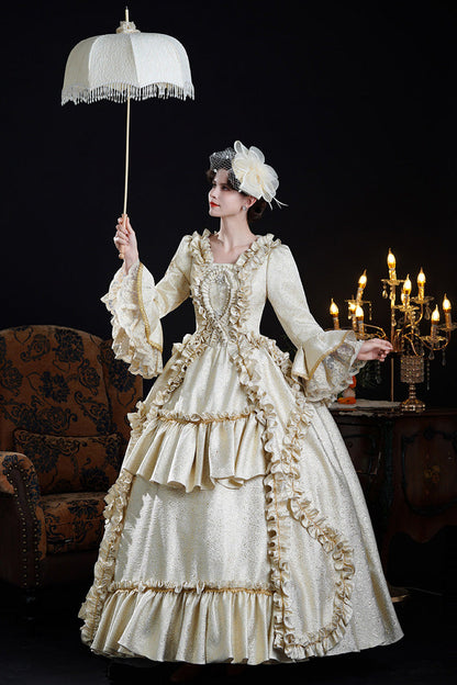 Champagne Square Collar Long Trumpet Sleeves Double-layered Ruffled Open-front Classic Palace Lolita Victorian Dress