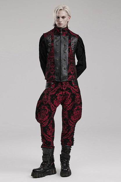 Black/red Stand Collar Jacquard Print Stitching Metal Ring Decoration Gothic Vest