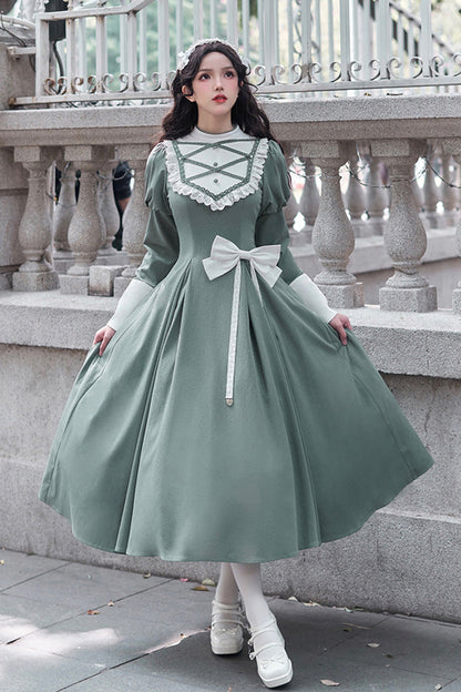 Green Nun Style Stand Collar Long Sleeves Ruffle Bowknot Classic Lolita Dress