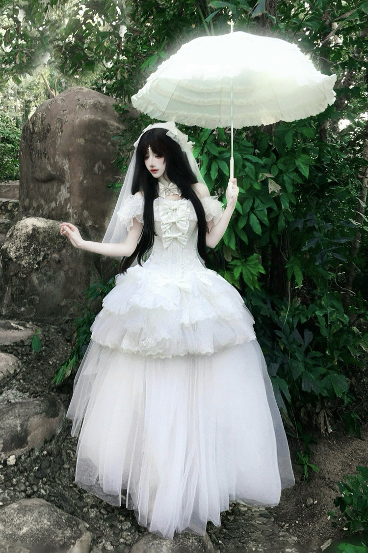 White [pure White Prayer · Snow Love] Square Collar Ruffled Bow Lace Classic Gothic Lolita Dress Set