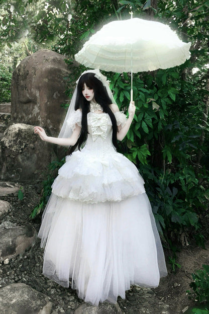 White [pure White Prayer · Snow Love] Square Collar Ruffled Bow Lace Classic Gothic Lolita Dress Set