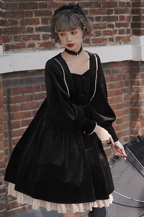 Black Velvet Fake Collar High Waist Classic Lolita Op Dress