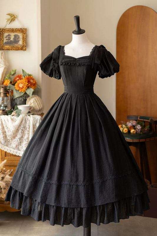 Black [forest Gallery] Square Collar Short Sleeves Ruffled Bow Classic Lolita Dress