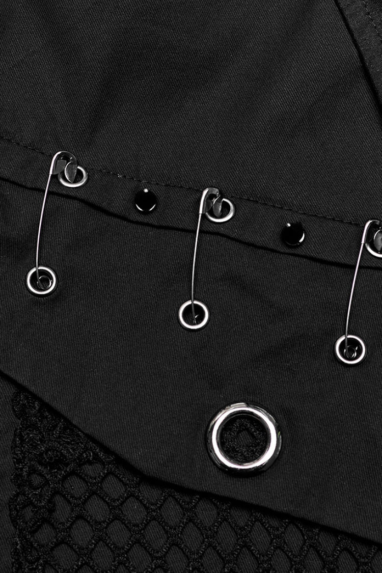 Black Lapel Collar Short Sleeves Mesh Stitching Punk Blouse