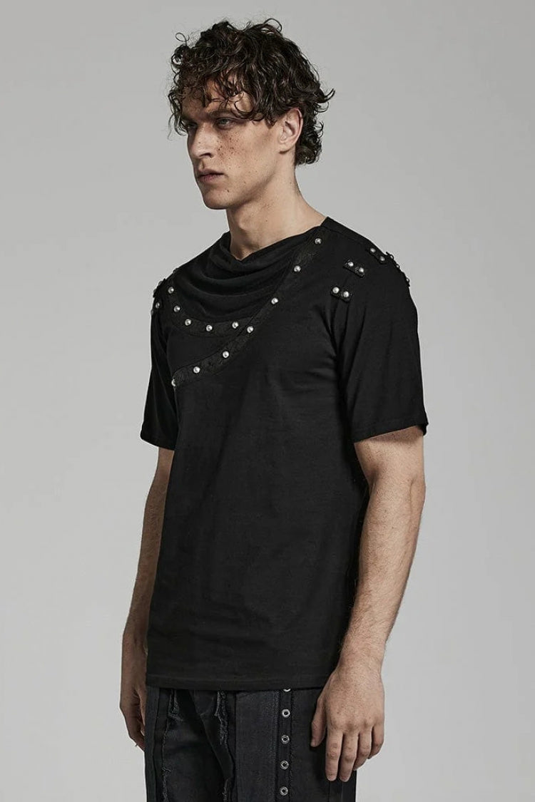 Black Short Sleeves Asymmetric Daily Steampunk T-shirt