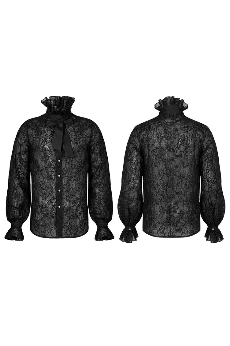 Black Gothic Long Sleeve Mesh Texture Fabric Lace Pleated Ruffle Tie Design Shirt
