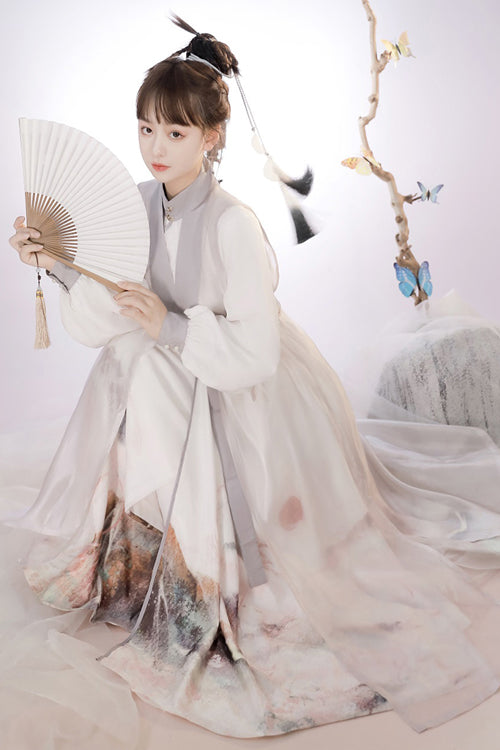 Beige Original Chinese Style Ink Printing Classic Lolita Hanfu Dress Full Set