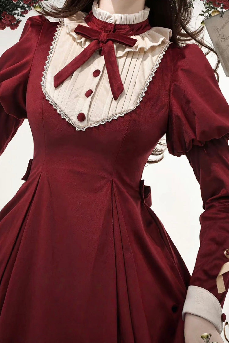 Wine Red [new Year] Stand Collar Long Sleeves Ruffled Bow Classic Lolita Dress