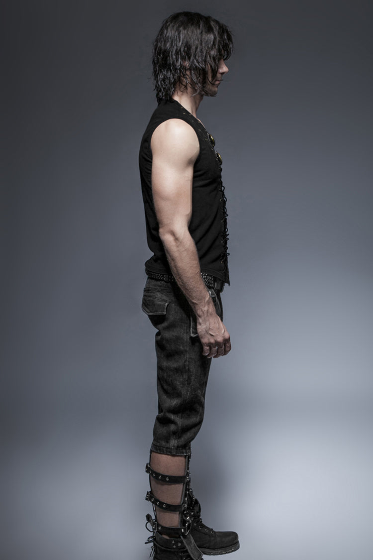 Black V-neck Chest Leather Hasp Metal Rings Cross Lace-up Punk Vest