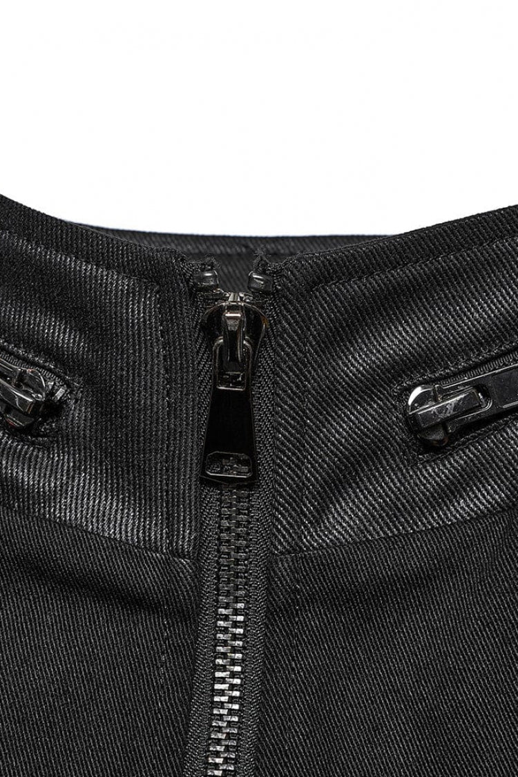 Black Stand Collar Side Waist Webbing Decorative Stitching Steampunk Vest