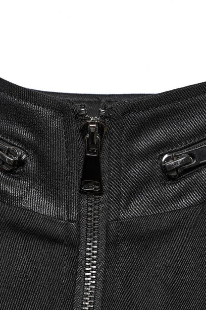 Black Stand Collar Side Waist Webbing Decorative Stitching Steampunk Vest