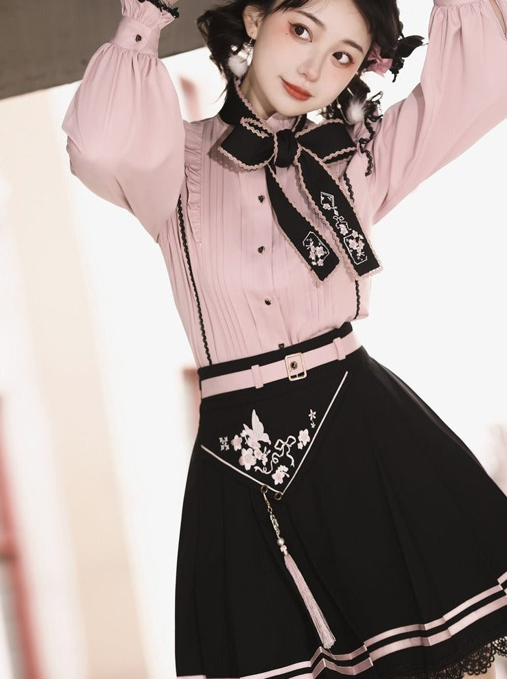 Embroidered Ribbon Ruffle Shoulder Blouse + Tassel Strap Embroidery Lace Skirt