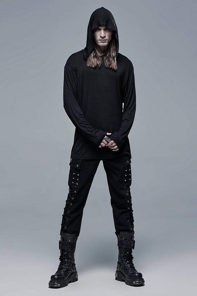 Black Knit Outer Mesh Long Sleeve Inner Hooded Simple Two Piece Punk T-shirt