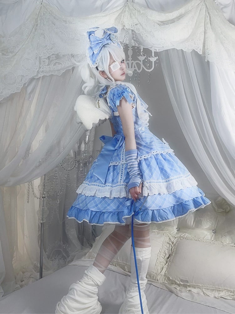 [pre-order Deadline: May 10] Blue/yellow/pink Sweetheart Lolita Ribbon Puff Sleeve Tiered Dress + Bunny Ear Full Set + Cat Ear Full Set