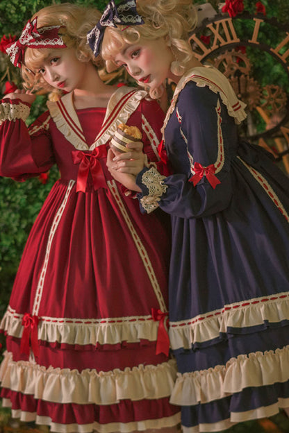 Court Style Long Sleeves High Waisted Bowknot Ruffled Multi-layer Classic Lolita Op Dress