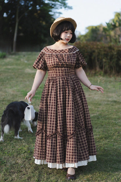 Dark Red [forest Picnic] Boat Neck Short Sleeves Printed Lift-hem Ruffled Classic Lolita Dress