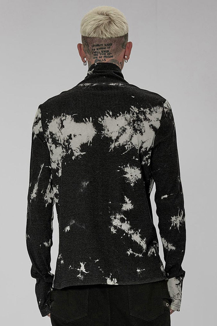 Black/white Punk Asymmetric Metal Buckle Side Button Tie Dye High Neck Basic Long Sleeve Shirt