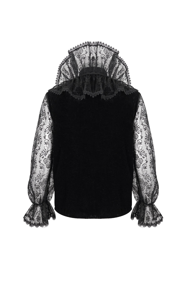 Black Lotus Leaf Stand Collar Semitransparent Lace Long Sleeved Gothic Shirt