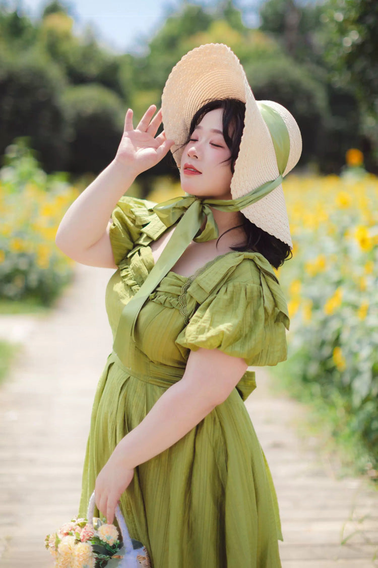 Green [forest Gallery] Square Collar Short Sleeves Ruffled Bow Classic Lolita Dress