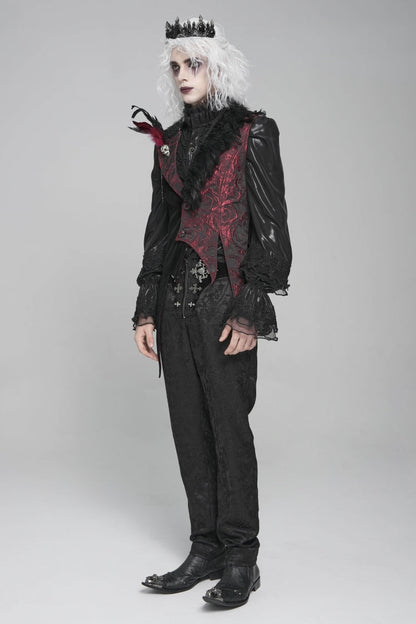 Black Long Sleeves Rose Print Irregular Contrast Color Gothic Vest With Detachable Feather Accessory