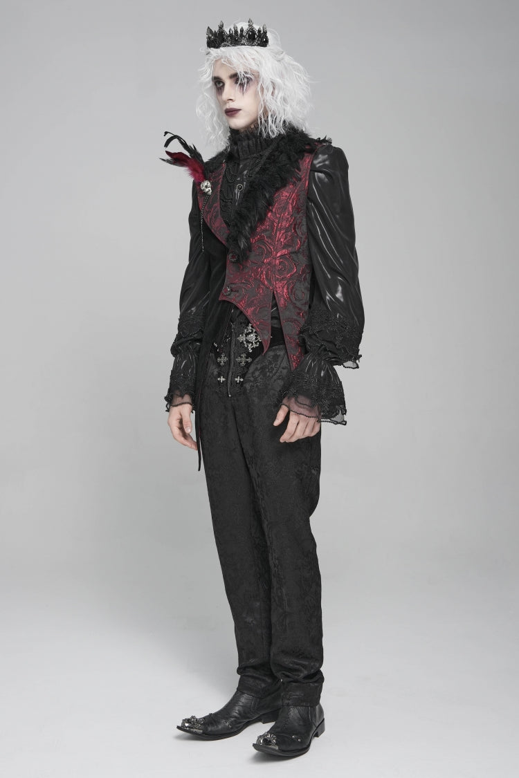 Black Long Sleeves Rose Print Irregular Contrast Color Gothic Vest With Detachable Feather Accessory