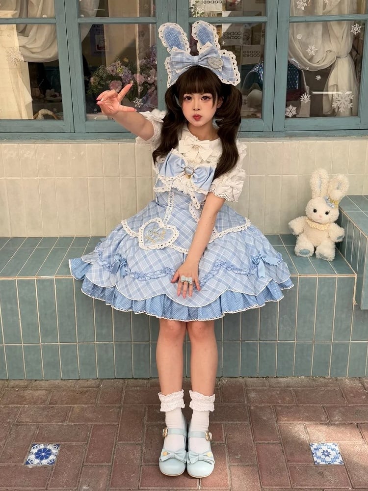 [pre-order Deadline: May 10] Blue/yellow/pink Sweetheart Lolita + Lace Ribbon Jks Dress + Bunny Ear Puff Sleeve Blouse + Bunny Ear Full Set + Cat Ear Full Set
