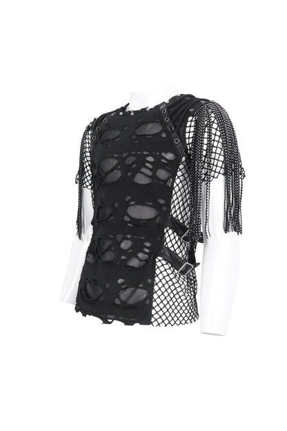 Black Round Collar Mesh Stitching Punk T-shirt