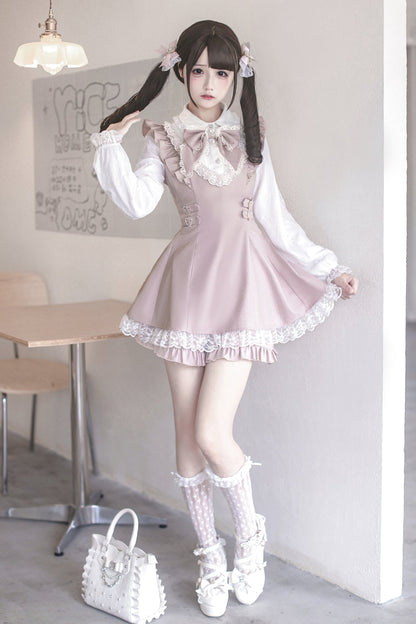 [pre-order Deadline: September 14] Pink White Ruffled Dress Set + Jewel Ribbon