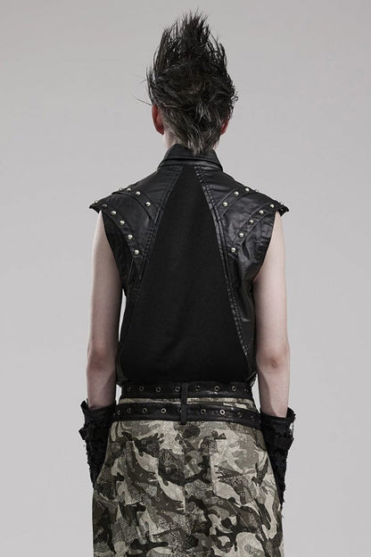 Black Faux Leather Stitching Mesh Sheer Metal Rivets Steampunk Vest