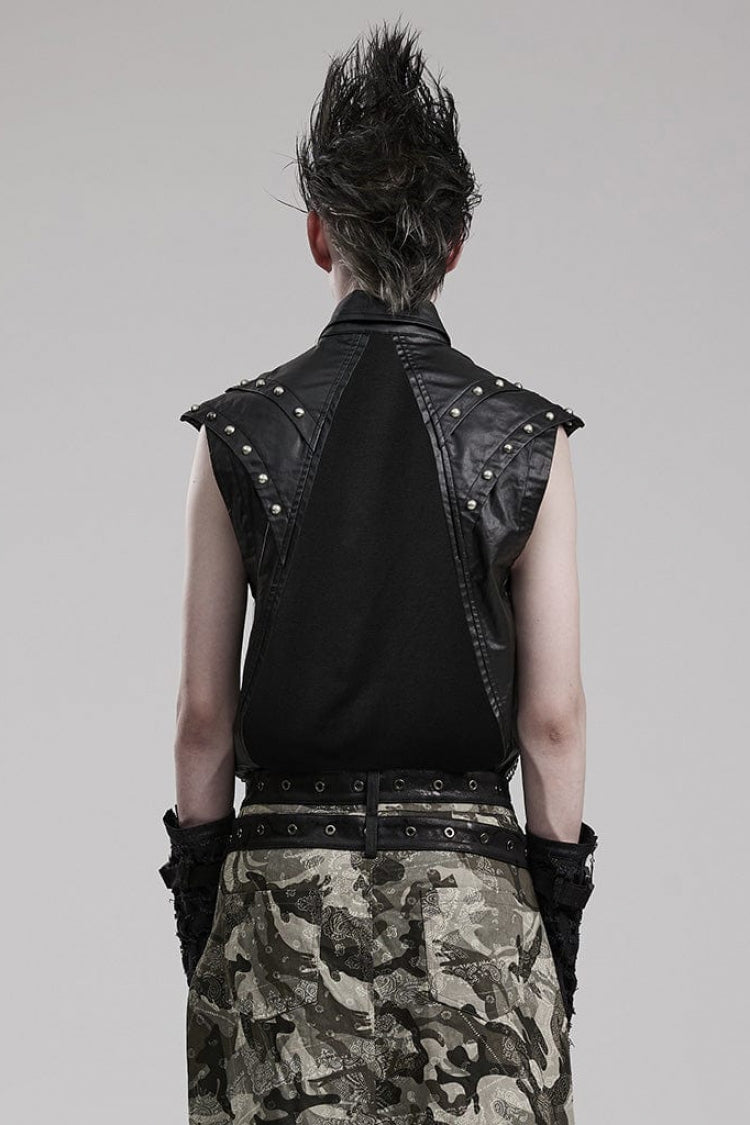 Black Faux Leather Stitching Mesh Sheer Metal Rivets Steampunk Vest