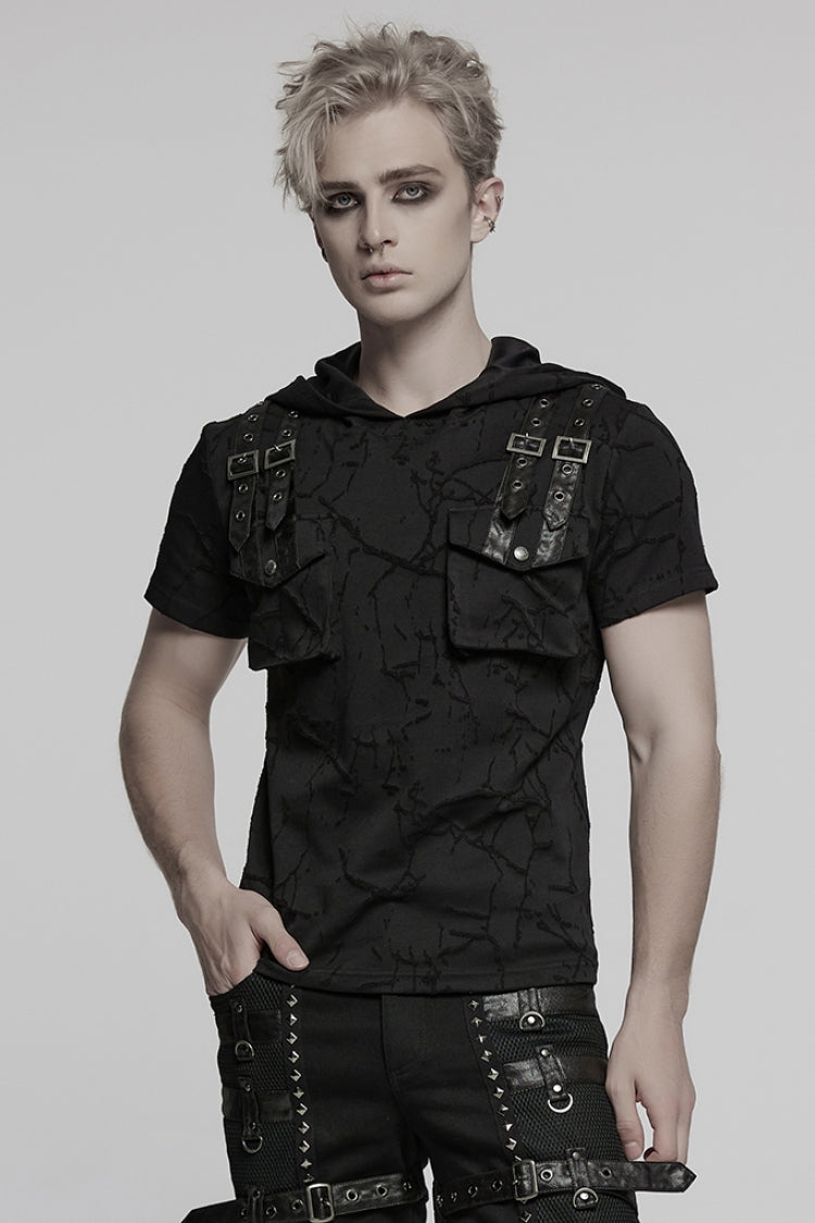 Black Short Sleeves Big-pocket Tie-dyed Hooded Punk T-shirt